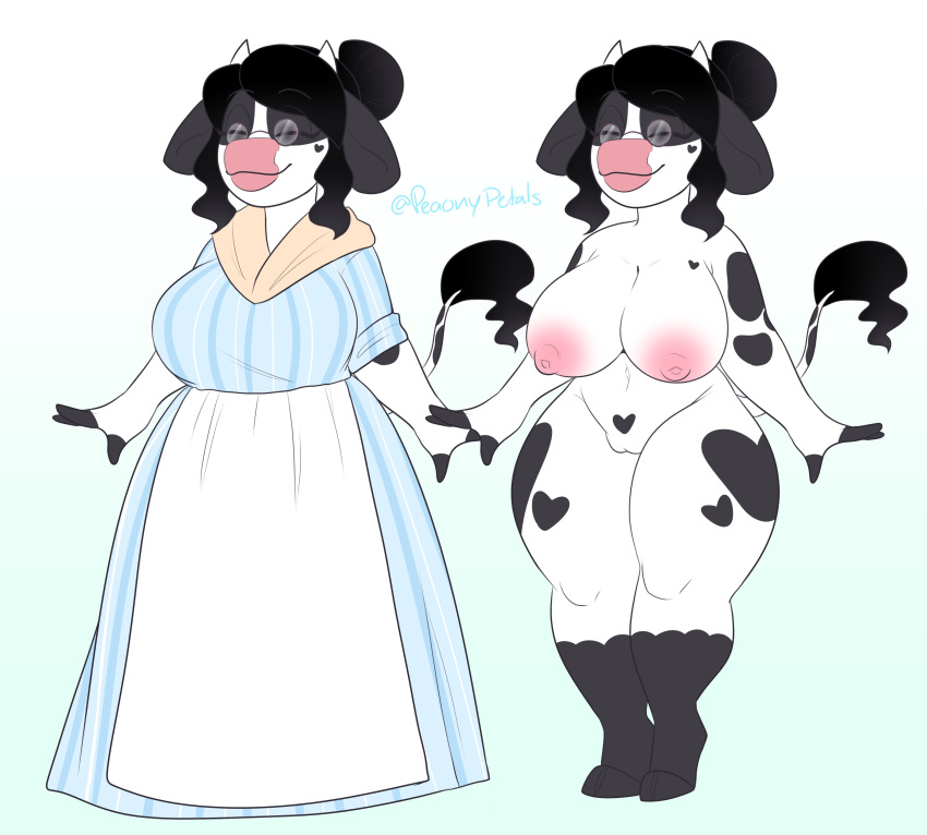 absurd_res anthro apron areola big_breasts black_body black_fur black_hair black_spots blue_background blue_clothing blue_dress bovid bovine breasts cattle clothed clothing dipstick_legs dress eyelashes eyes_closed eyewear female fur genitals glasses hair heart_(marking) heart_pubes hi_res hooves horn huge_breasts mammal mature_female navel nipples nude off/on paeonypetals pink_areola pink_nipples pubes pussy round_glasses simple_background smile solo spots tail tail_tuft thick_thighs tuft white_background white_body white_fur wide_hips