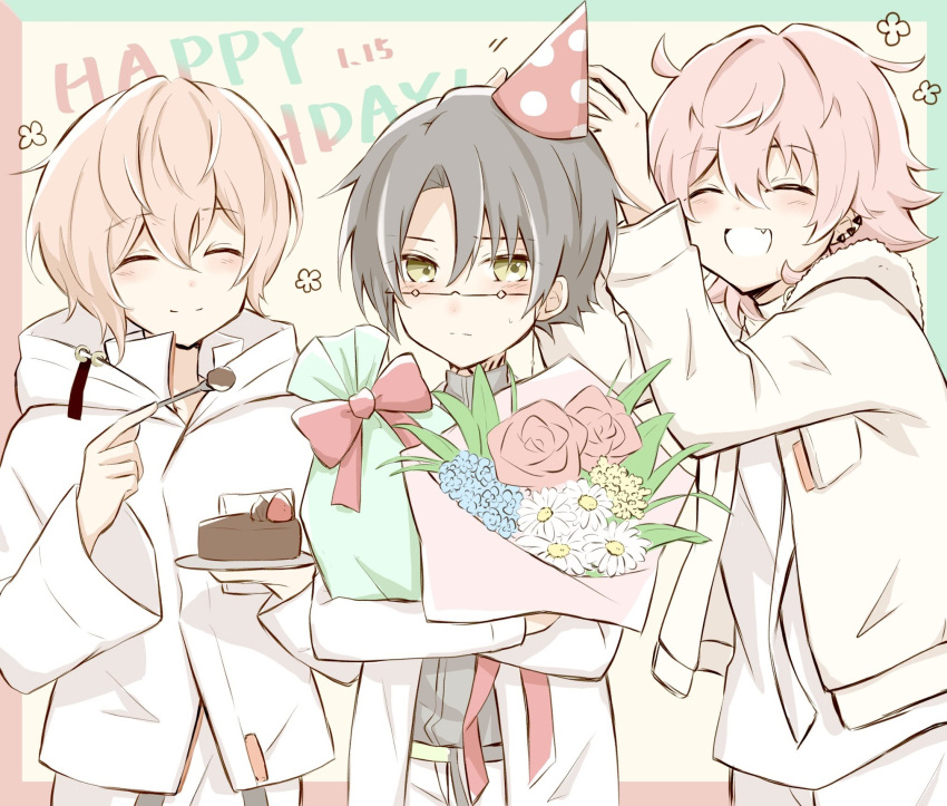 3boys black_hair blue_flower border bouquet cake chocolate_cake dated flower food fork green_border grey_hair happy_birthday hari_nyan_nyan hat highres holding holding_bouquet holding_flower holding_fork itsuki_(paradox_live) male_focus miyama_kei multicolored_hair multiple_boys orange_hair paradox_live party_hat pink_border pink_hair red_flower red_rose rokuta_(paradox_live) rose short_hair white_flower yellow_background yellow_eyes yellow_flower