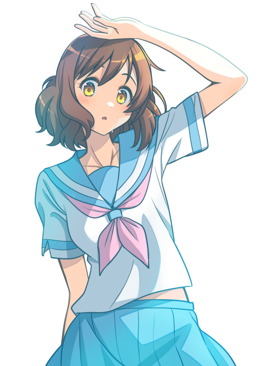 07nono06 1girl absurdres blue_sailor_collar blue_skirt brown_eyes brown_hair cowboy_shot hand_on_own_head hibike!_euphonium highres kitauji_high_school_uniform neckerchief oumae_kumiko pink_neckerchief pleated_skirt sailor_collar school_uniform serafuku shirt short_hair short_sleeves simple_background skirt solo wavy_hair white_background white_shirt