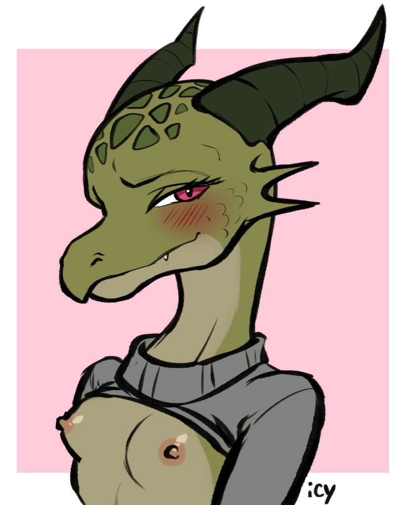 2023 absurd_res anthro blush blush_lines breasts clothed clothing dragon female green_body green_scales hi_res horn iseenudepeople kobold leste_(jaune_fletcher) nipples raised_clothing raised_shirt raised_sweater raised_topwear scales scalie shirt solo sweater topwear