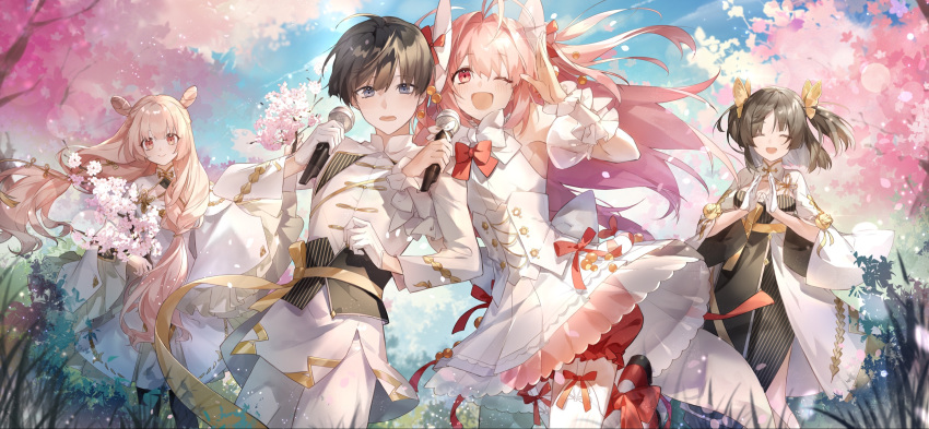 2boys 2girls ;d ^_^ androgynous antenna_hair black_dress black_hair black_sash blue_eyes blue_sky blurry blurry_background blush bow bowtie branch brown_hair butterfly_hair_ornament character_request cherry_blossoms china_dress chinese_clothes closed_eyes closed_mouth cloud corset cowboy_shot day double_bun dress e_(h798602056) eyelashes floating_hair flower frilled_cuffs frills gan_ling_long_(the_tale_of_food) garter_straps gloves gold_trim grass hair_between_eyes hair_bow hair_bun hair_intakes hair_ornament hair_over_shoulder half_gloves hand_up hands_up har-gow_(the_tale_of_food) highres holding holding_microphone jacket leg_up lens_flare light_particles locked_arms long_hair long_sleeves looking_at_viewer low_twintails male_master_(the_tale_of_food) microphone multiple_boys multiple_girls one_eye_closed open_mouth otoko_no_ko outdoors pants parted_bangs pink_eyes pink_flower pink_hair plant pleated_skirt puffy_shorts red_bow red_bowtie red_ribbon red_shorts ribbon sash shirt short_hair shorts sidelocks skirt sky sleeveless sleeveless_shirt smile standing tangzhuang the_tale_of_food thighhighs tree twintails two_side_up very_long_hair white_bow white_bowtie white_corset white_dress white_gloves white_jacket white_pants white_shirt white_skirt white_thighhighs wide_sleeves wrist_cuffs yellow_ribbon