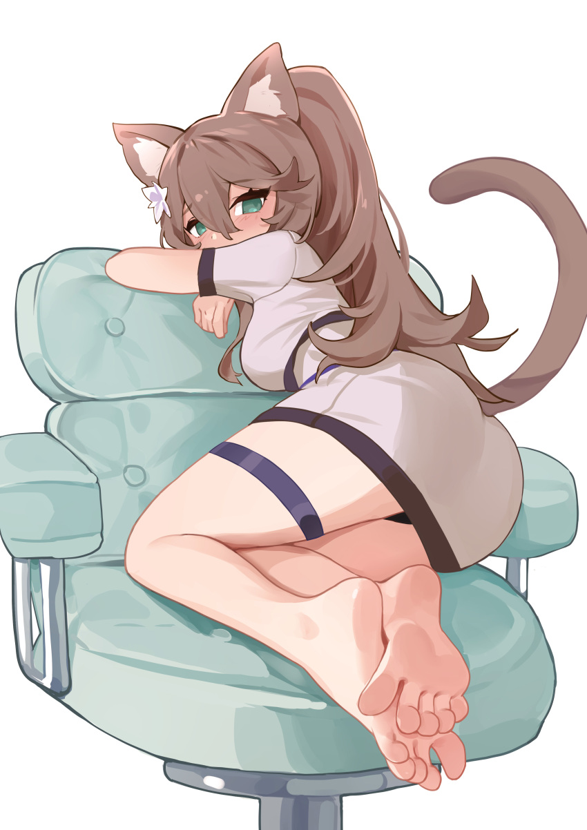 1girl absurdres animal_ear_fluff animal_ears barefoot belt black_panties blush bob_(pixiv49522586) cat_ears cat_girl cat_tail chair collared_dress commission commissioner_upload dress embarrassed feet flower foot_focus foreshortening green_eyes hair_between_eyes hair_flower hair_ornament highres legs light_brown_hair mayu_(vanabette) office original panties pixiv_commission ponytail shy soles solo spread_toes tail thigh_belt thigh_strap toes underwear