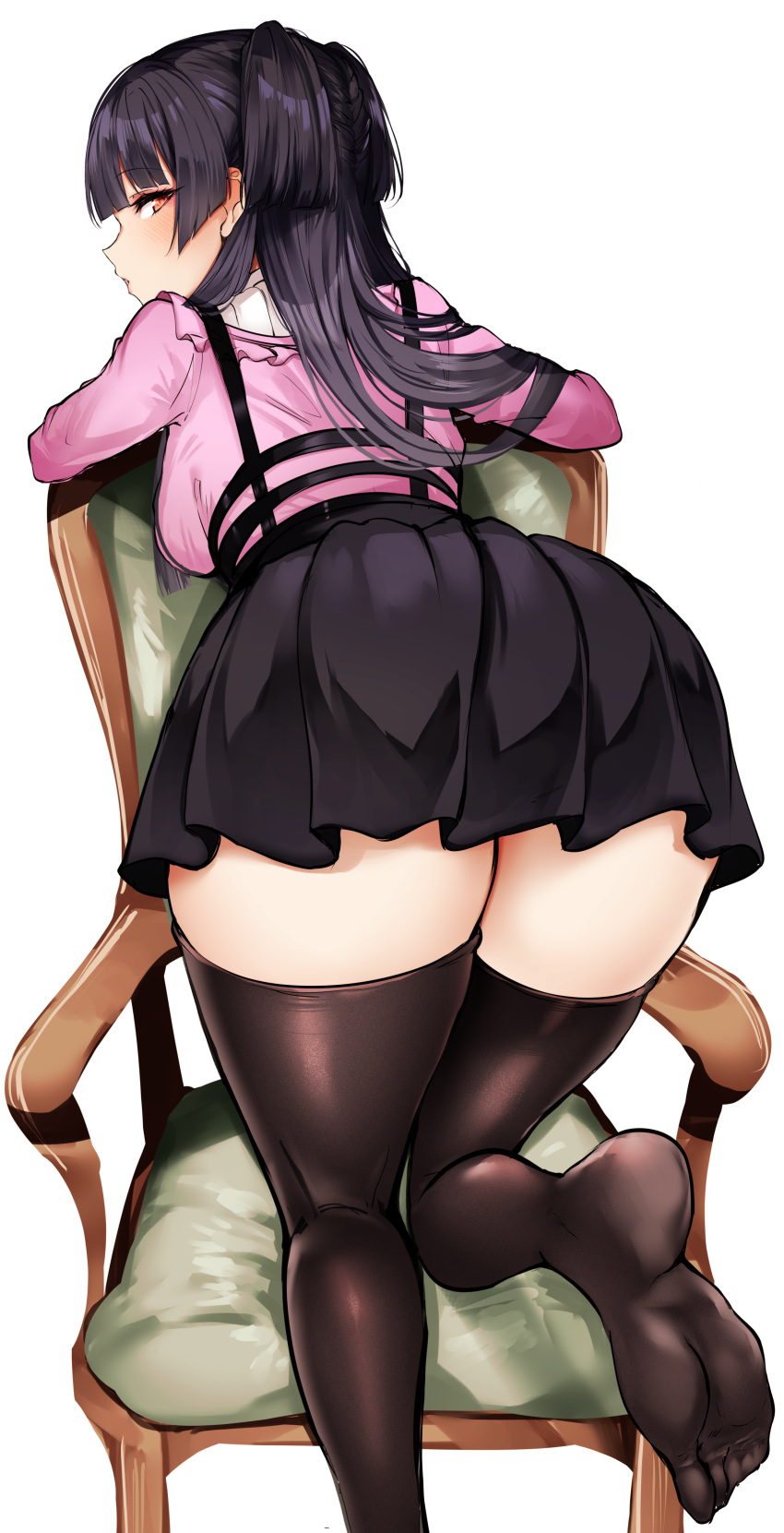 1girl absurdres agetama ass black_hair black_skirt black_thighhighs blush breasts feet highres idolmaster idolmaster_shiny_colors kneeling leaning_on_object long_hair looking_at_viewer looking_back mayuzumi_fuyuko medium_breasts no_shoes on_chair pink_shirt profile shirt simple_background skirt soles solo suspender_skirt suspenders thighhighs white_background zettai_ryouiki