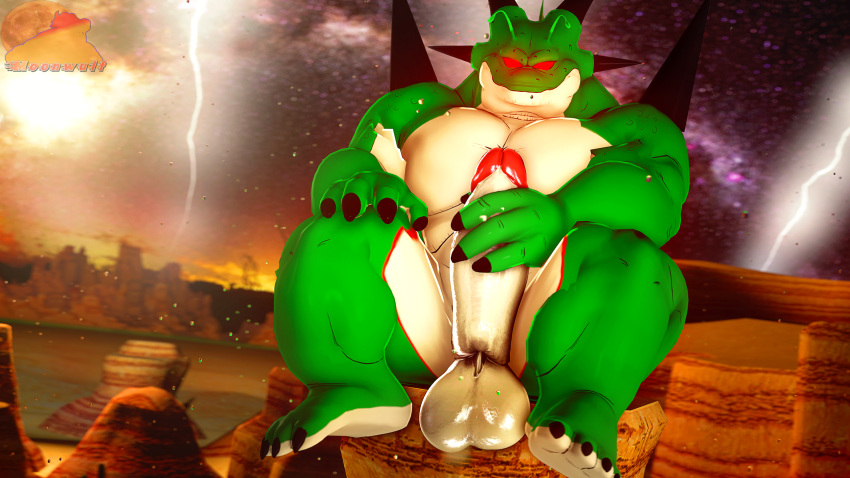 2022 3d_(artwork) antennae_(anatomy) anthro balls barefoot big_balls big_penis canyon clawed_fingers claws desert detailed_background digital_media_(artwork) dragon dragon_ball dragon_ball_z electricity feet genitals glowing glowing_eyes green_body hi_res horn huge_balls huge_penis lightning looking_at_viewer male moonwulf multicolored_body muscular muscular_male night nude penis porunga presenting presenting_penis red_eyes reptile scalie smile smiling_at_viewer solo solo_focus source_filmmaker spikes spikes_(anatomy) toe_claws two_tone_body