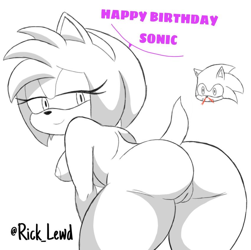 amy_rose anthro bedroom_eyes bent_over big_butt blood bodily_fluids butt butt_grab colorless eulipotyphlan female hand_on_butt hedgehog hi_res looking_back mammal narrowed_eyes nosebleed rick_amv rickamv seductive sega solo sonic_the_hedgehog sonic_the_hedgehog_(series) thick_thighs