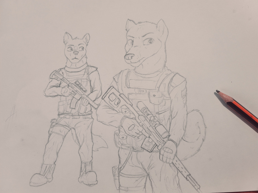 absurd_res anthro assault_rifle canid canine clothing duo graphite_(artwork) gun hi_res holding_object holding_weapon looking_at_another male mammal military_uniform pencil_(artwork) ranged_weapon rifle simple_background sniper_rifle soldier svd traditional_media_(artwork) uniform warrior weapon wolfyalex96