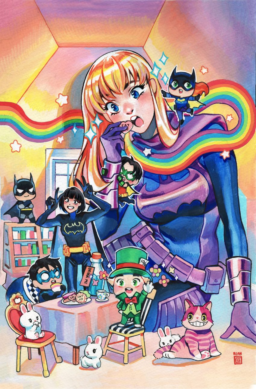 3boys 3girls absurdres alice_in_wonderland animification barbara_gordon batgirl batman belt black_eyes black_hair bodysuit bookshelf bottle bow breasts bruce_wayne cake candy cassandra_cain cheshire_cat_(alice_in_wonderland) chibi comic_cover cork cover_image crossed_arms cup dick_grayson double_v english_commentary food gouache_(medium) green_eyes green_headwear green_jacket green_pants hair_behind_ear hat head_tilt heart highres holding holding_cup jacket mad_hatter_(dc) medium_breasts miniboy minigirl multiple_boys multiple_girls nightwing official_art painting_(medium) pants purple_belt rabbit rainbow red_bow rian_gonzales robin_(dc) sitting smile sparkle star_(symbol) stephanie_brown table teacup tim_drake top_hat traditional_media v yellow_belt