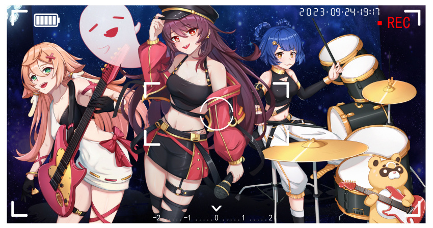 3girls :d absurdres alternate_costume awana_(user_xccs2274) bare_shoulders black_headwear black_shirt blue_hair boo_tao_(genshin_impact) bow breasts brown_hair commentary_request cowboy_shot crop_top cymbals detached_sleeves drum drum_set electric_guitar genshin_impact green_eyes guitar guoba_(genshin_impact) hair_rings hat highres holding holding_microphone hu_tao_(genshin_impact) instrument long_hair microphone midriff miniskirt multiple_girls navel no_headwear off_shoulder open_mouth orange_eyes peaked_cap pink_hair red_bow shirt skirt small_breasts smile standing stomach thigh_strap thighs very_long_hair xiangling_(genshin_impact) yanfei_(genshin_impact)
