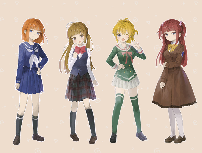 4girls ;d aged_down black_socks blonde_hair blue_eyes blue_serafuku blue_skirt blue_vest blunt_bangs bow bowtie brown_coat brown_eyes brown_hair clenched_hand coat colored_eyelashes commentary_request eva_beatrice eyes_visible_through_hair full_body ghkdakrh1129 green_shirt green_thighhighs hair_bobbles hair_ornament hand_on_own_hip head_tilt highres holding_own_arm kneehighs korean_commentary light_blush light_brown_background loafers long_hair looking_at_viewer miniskirt multiple_girls neckerchief one_eye_closed orange_hair outline pantyhose patch plaid plaid_skirt pleated_skirt red_bow red_bowtie red_hair red_ribbon ribbon sailor_collar school_uniform serafuku shirt shoes short_hair sidelocks skirt sleeve_cuffs smile socks standing sweatdrop thighhighs twintails two_side_up umineko_no_naku_koro_ni ushiromiya_ange ushiromiya_jessica ushiromiya_rosa vest white_neckerchief white_outline white_pantyhose white_shirt white_skirt yellow_bow yellow_bowtie zettai_ryouiki