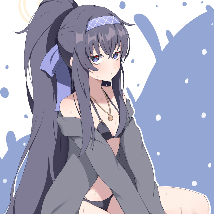 1girl 7neet absurdres bikini black_bikini black_hair blue_archive blue_eyes blush breasts closed_mouth hairband halo high_ponytail highres jewelry long_hair looking_at_viewer necklace official_alternate_costume sitting small_breasts solo sweat sweater swimsuit ui_(blue_archive) ui_(swimsuit)_(blue_archive) very_long_hair