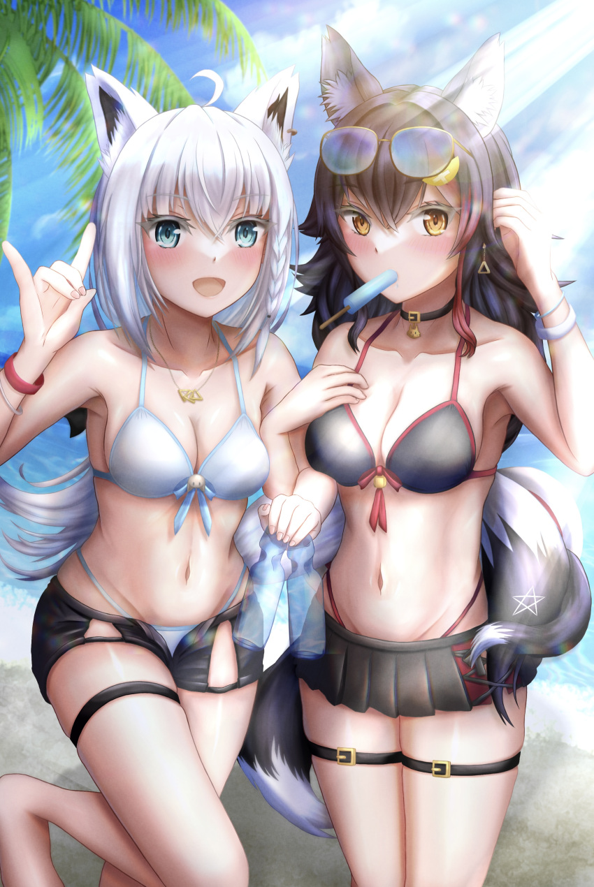 2girls absurdres adjusting_hair ahoge animal_ear_fluff animal_ears armpits beach bikini black_bikini black_collar black_hair black_shorts black_skirt blush bottle bracelet braid breasts cleavage cloud cloudy_sky collar commentary_request day earrings eyewear_on_head food food_in_mouth fox_ears fox_girl fox_shadow_puppet fox_tail glasses green_eyes hair_between_eyes hair_ornament hairclip hand_on_own_chest highres holding holding_bottle hololive jewelry leg_up light_rays long_hair looking_at_viewer medium_breasts miniskirt multicolored_hair multiple_girls navel necklace ocean ookami_mio open_mouth outdoors palm_leaf pentagram pleated_skirt popsicle popsicle_in_mouth red_hair shirakami_fubuki short_shorts shorts sidelocks single_braid skirt sky streaked_hair swimsuit tail thigh_strap user_mvzn4428 virtual_youtuber white_bikini white_hair wolf_ears wolf_girl wolf_tail