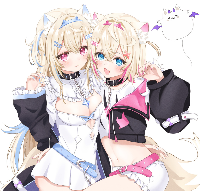 0kizakura 2girls :3 :d animal_ear_fluff animal_ears bandaid bandaid_hair_ornament belt belt_collar black_collar black_jacket blonde_hair blue_belt blue_eyes blue_hair blue_nails breasts cleavage cleavage_cutout closed_mouth clothing_cutout collar cropped_jacket cropped_shirt dog_ears dog_girl dog_tail dress fang frilled_shorts frills fur-trimmed_jacket fur_trim fuwawa_abyssgard hair_ornament hairpin highres hololive hololive_english jacket large_breasts long_hair looking_at_viewer medium_hair mococo_abyssgard multicolored_hair multiple_girls nail_polish navel open_mouth perroccino_(fuwamoco) pink_belt pink_eyes pink_hair pink_nails shirt short_shorts shorts siblings sidelocks sisters skin_fang smile spiked_collar spikes streaked_hair tail twins two_side_up virtual_youtuber white_dress white_shirt white_shorts x_hair_ornament