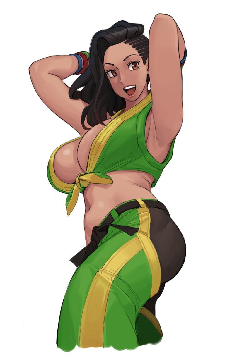 1girl absurdres armpit_crease armpits arms_behind_head arms_up asymmetrical_hair black_hair braid breasts brown_eyes cleavage green_pants green_tank_top highres laura_matsuda matheu_gafanhot midriff navel pants sideboob smile street_fighter street_fighter_v tank_top