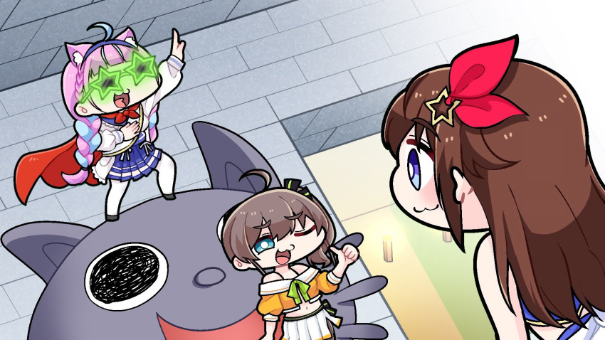 3girls :3 ahoge animal_ear_fluff animal_ears blue_eyes blue_hair blue_hairband braid brick_wall brown_hair cape cat cat_ears commentary_request crown_braid dutch_angle hair_ornament hairband highres hololive jacket komainu_channel low_twin_braids minato_aqua multicolored_hair multiple_girls natsuiro_matsuri navel neko_(minato_aqua) off-shoulder_shirt off_shoulder one_eye_closed open_mouth pink_hair pleated_skirt pointing pointing_at_self red_cape shirt side_ponytail skirt smile star-shaped_eyewear star_(symbol) star_hair_ornament streaked_hair sunglasses tokino_sora twin_braids two-tone_hair virtual_youtuber white_jacket