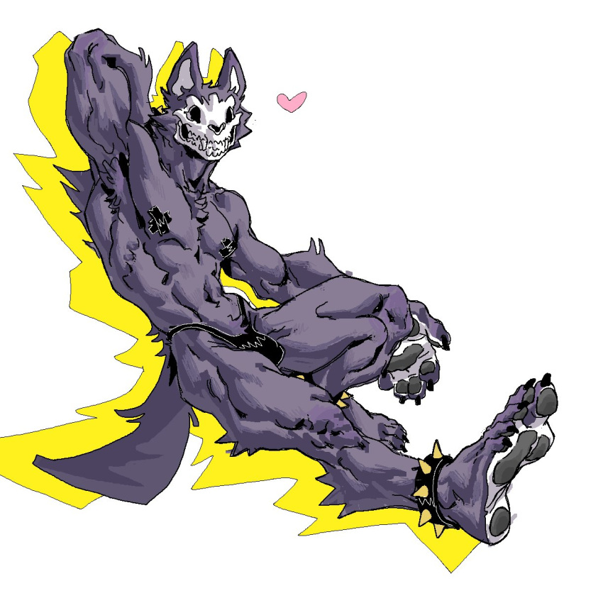 &lt;3 2023 anklet anthro athletic athletic_anthro athletic_male biped black_body black_fur bone bulge canid canine claws digital_media_(artwork) fur hi_res jewelry legband male mammal nipple_tape nsfuwu4 pasties plantigrade simple_background skull skull_head solo spiked_anklet spiked_legband spikes tape toe_claws white_background