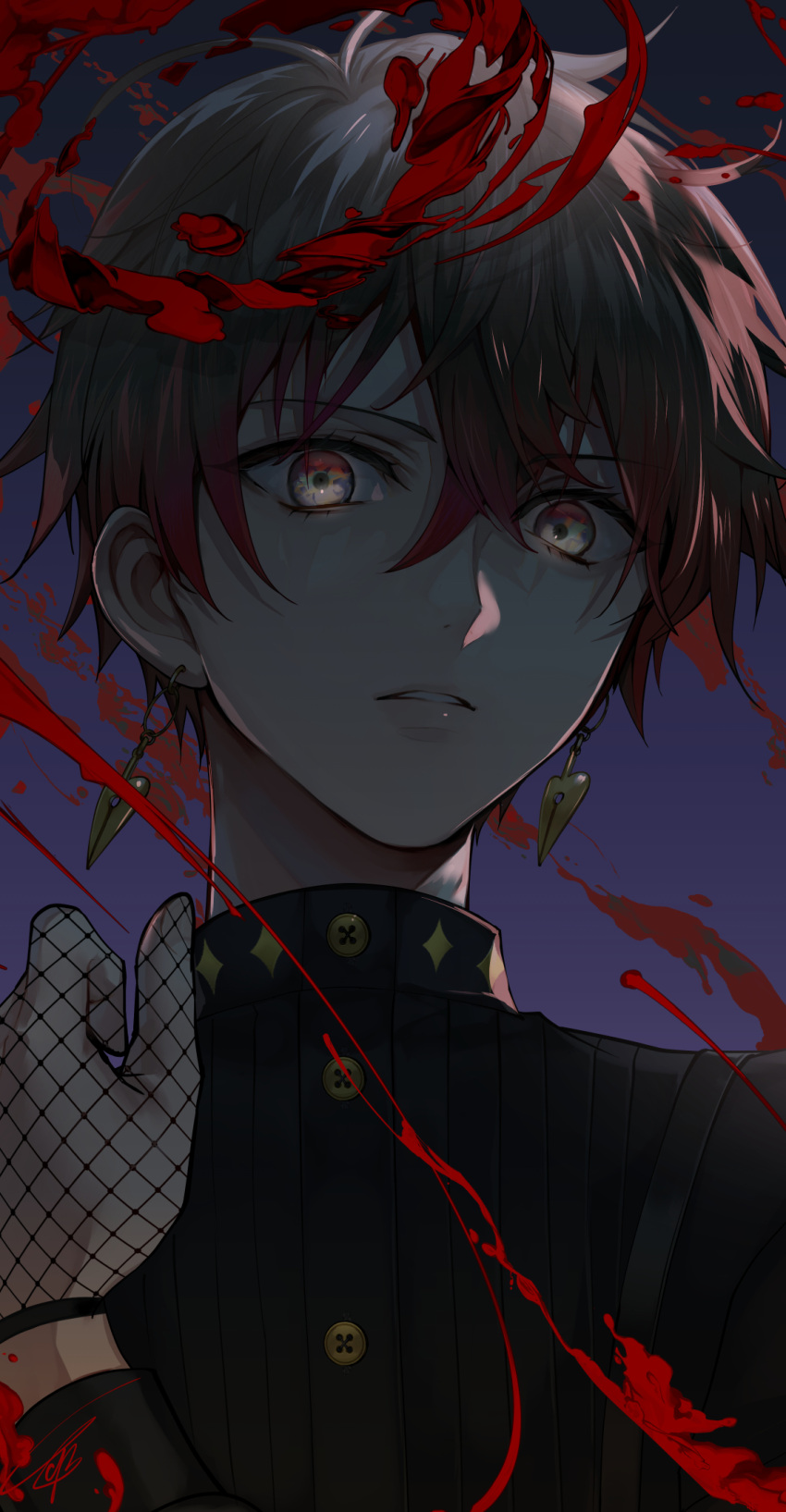 1boy ambiguous_red_liquid black_shirt blue_eyes buttons earrings eki_eveland fishnet_gloves fishnets gloves gradient_hair grey_hair hair_between_eyes hand_up highres ike_eveland ike_eveland_(1st_costume) jewelry long_sleeves looking_at_viewer male_focus multicolored_hair nijisanji nijisanji_en parted_lips purple_background red_eyes red_hair shirt short_hair signature simple_background solo suspenders tcb upper_body virtual_youtuber