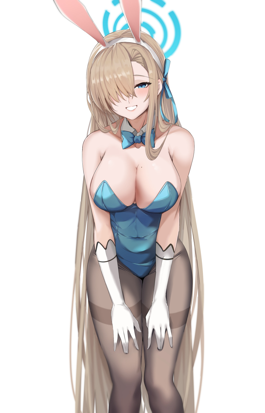1girl absurdres animal_ears asuna_(blue_archive) asuna_(bunny)_(blue_archive) bare_shoulders blue_archive blue_eyes blue_leotard blue_ribbon blush breasts brown_pantyhose cleavage detached_collar elbow_gloves fake_animal_ears gloves grin hair_over_one_eye hair_ribbon halo highleg highleg_leotard highres large_breasts leotard light_brown_hair long_hair looking_at_viewer mole mole_on_breast pantyhose playboy_bunny rabbit_ears ribbon smile solo thighs vanko_(vank0a) very_long_hair white_gloves