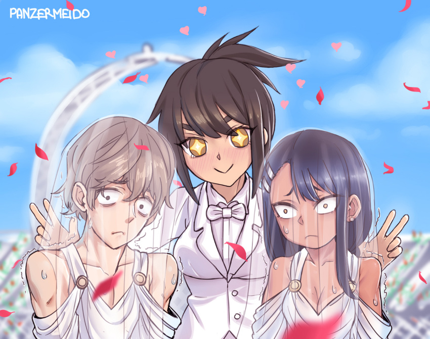 +_+ 1boy 2girls :&gt; :&lt; artist_name asymmetrical_bangs bare_shoulders bisexual_female black_hair blue_sky blush bow bowtie breasts bridal_veil bride brown_eyes brown_hair cleavage cloud collarbone commentary constricted_pupils crossdressing double_v earrings english_commentary frown groom hachiouji_naoto hair_between_eyes hair_ornament hairclip heart husband_and_wives ijiranaide_nagatoro-san jewelry long_hair looking_at_viewer medium_breasts multiple_girls nagatoro_hayase nervous nervous_sweating orihara_(nagatoro) panzermeido petals ponytail rose_petals single_sidelock sky stud_earrings suit sweat tan tanlines trembling tuxedo v veil wedding white_bow white_bowtie white_suit