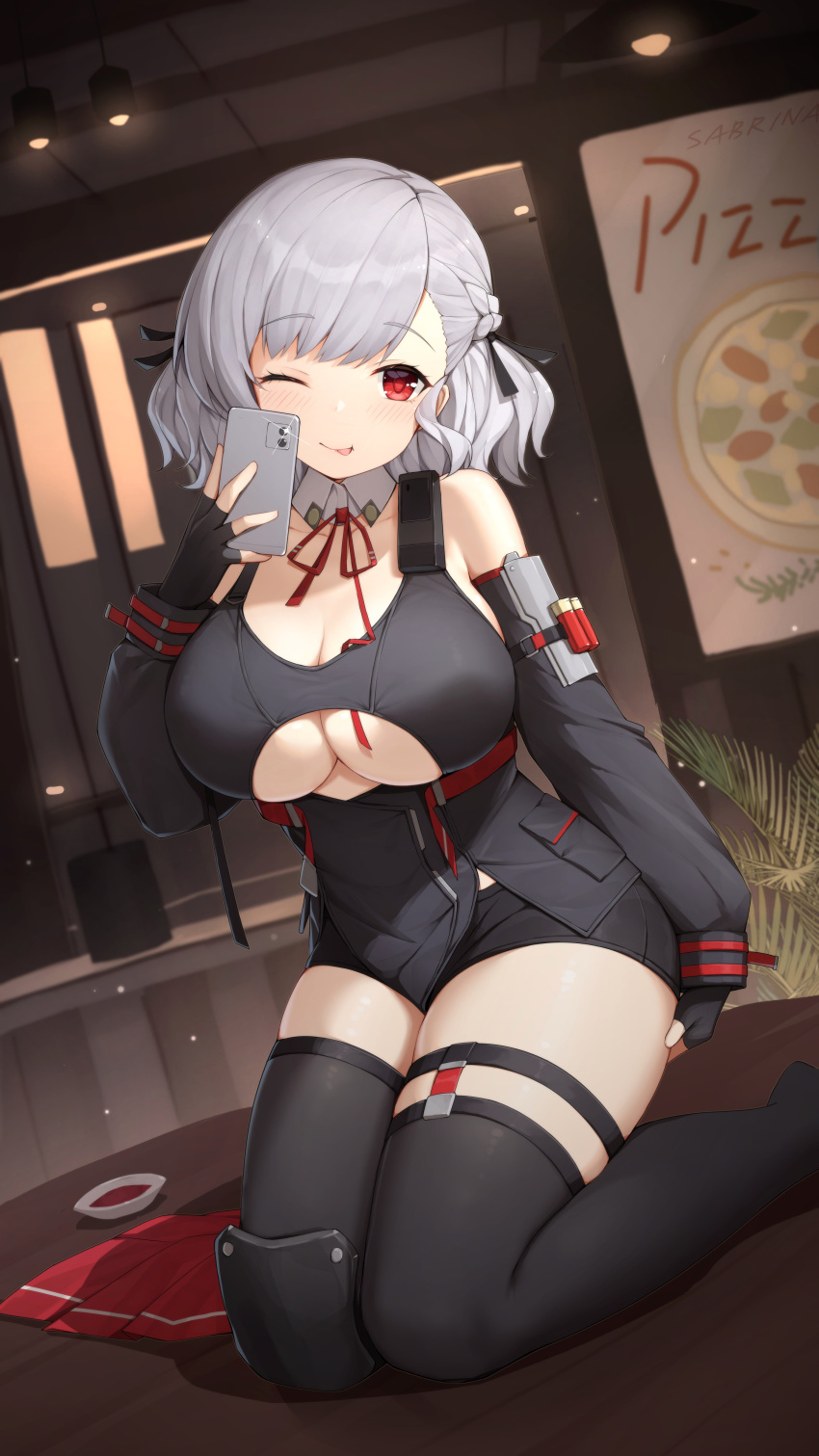 1girl ;p absurdres bare_shoulders black_gloves black_shorts black_thighhighs blush braid breasts cellphone cleavage closed_mouth clothing_cutout detached_collar detached_sleeves fingerless_gloves full_body girls'_frontline gloves grey_hair highres holding holding_phone indoors knee_pads kneeling large_breasts long_sleeves looking_at_viewer neck_ribbon on_table one_eye_closed phone red_eyes red_ribbon red_skirt ribbon selfie short_hair short_shorts shorts skindentation skirt skirt_removed smartphone smile solo spas-12_(girls'_frontline) table thigh_strap thighhighs tongue tongue_out underboob underboob_cutout wo_you_yibei_jia_wanli