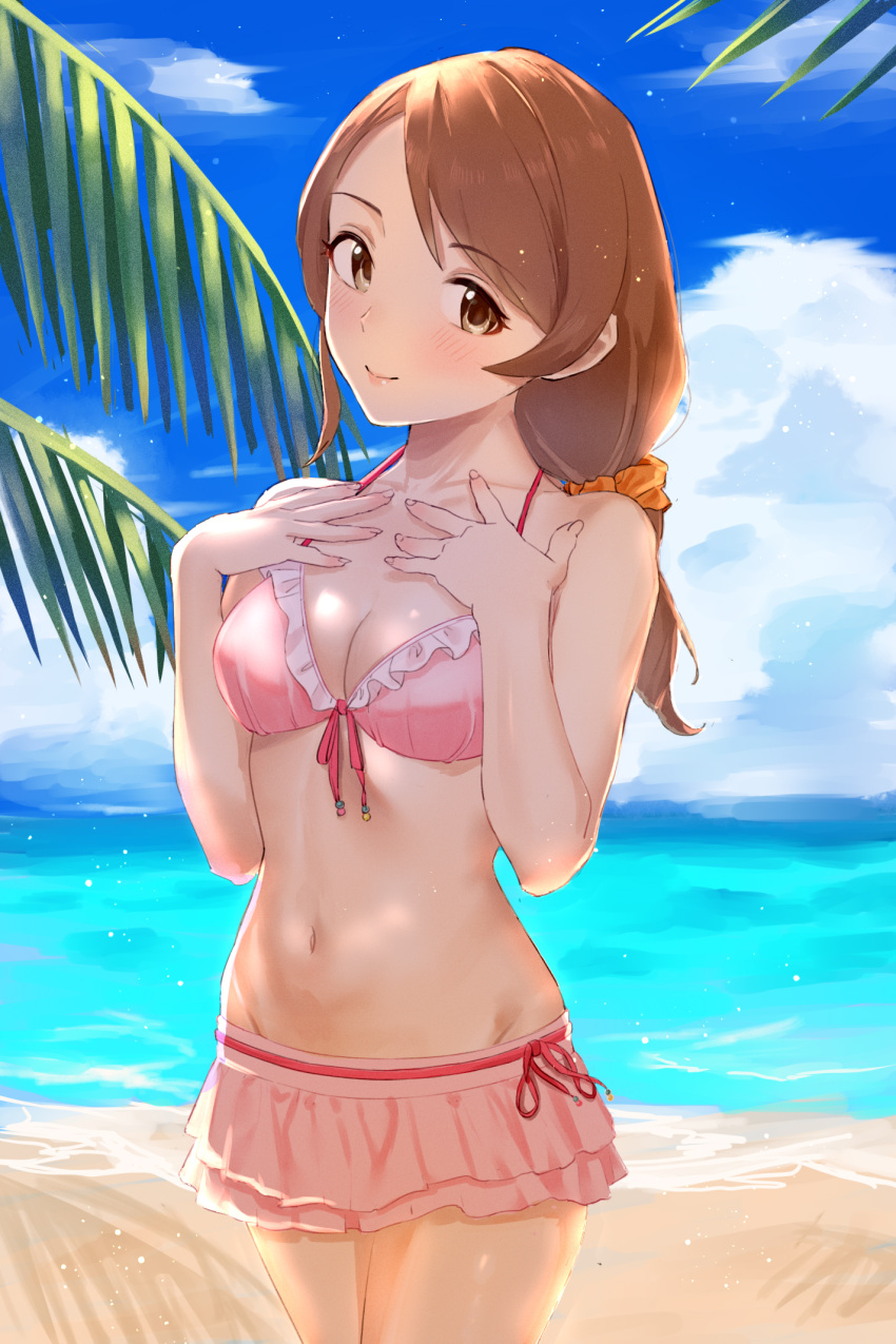 1girl beach bikini blush breasts brown_eyes brown_hair cleavage closed_mouth cloud cloudy_sky collarbone day etsutsuni front-tie_bikini_top front-tie_top hair_ornament hair_scrunchie hands_on_own_chest highres idolmaster idolmaster_cinderella_girls idolmaster_cinderella_girls_starlight_stage long_hair looking_at_viewer low_ponytail medium_breasts mochida_arisa navel ocean pine_tree pink_bikini scrunchie sky smile solo standing swimsuit tree