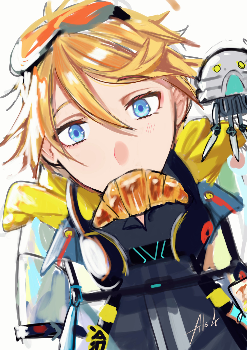 1boy absurdres alostcable blonde_hair blue_eyes croissant food food_in_mouth goggles goggles_on_head hair_between_eyes headphones headphones_around_neck highres hood hood_down looking_at_viewer male_focus nijisanji nijisanji_en short_hair simple_background solo upper_body virtual_youtuber white_background yu_q._wilson