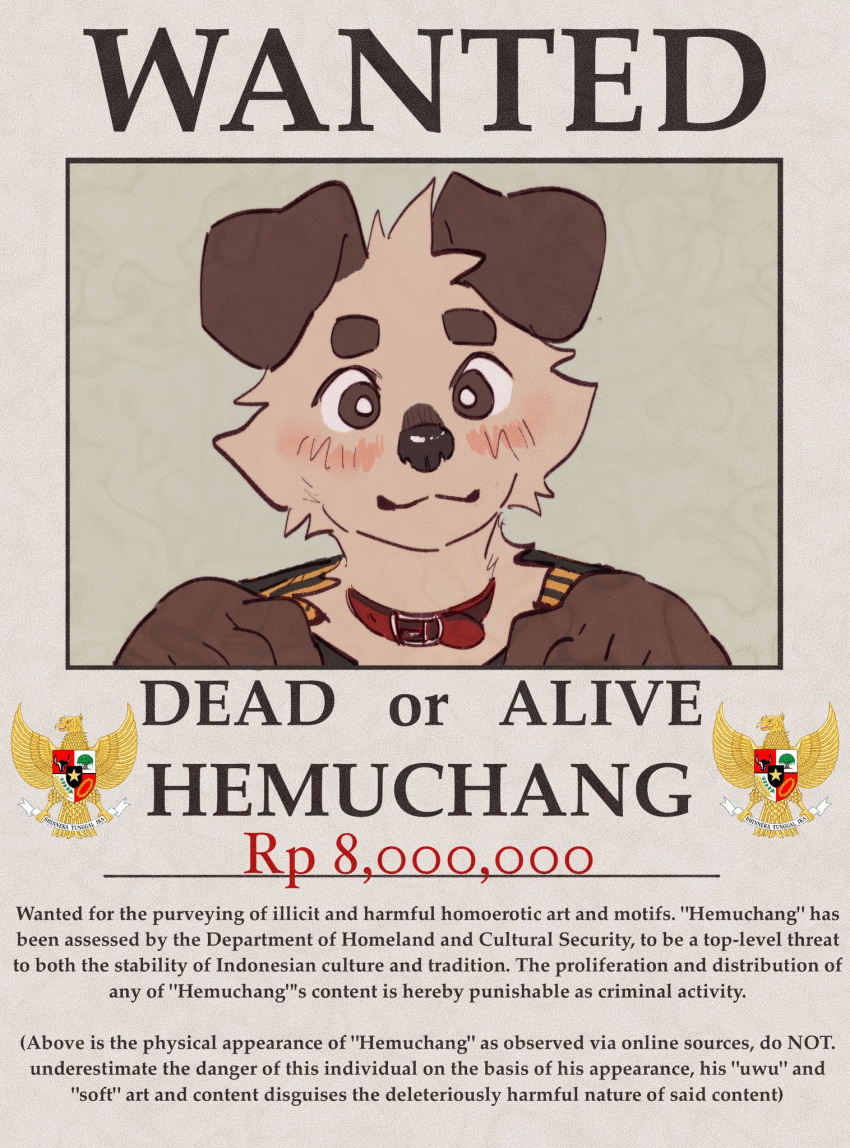 anthro blush canid canine canis collar domestic_dog english_text eyebrows floppy_ears fur hemuchang hi_res indonesia male mammal shin_(hemuchang) solo text wanted_poster