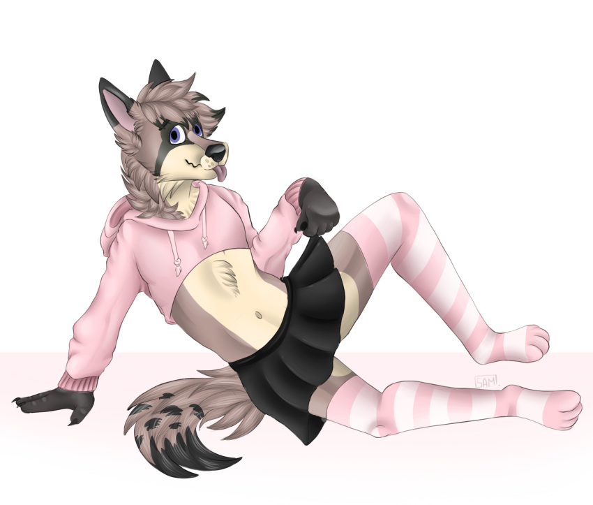 accessory anthro bottomwear canid canine canis clothed clothing crop_top cropped_hoodie digital_media_(artwork) dress dress_shirt dressing footwear girly hi_res legwear looking_at_viewer male mammal samuelwolfo shirt smile socks solo solo_focus tongue tongue_out topwear wolf