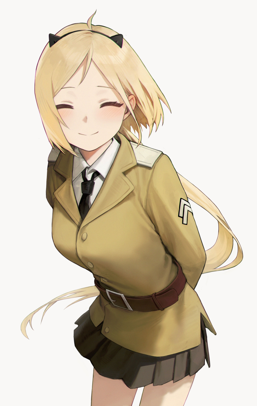 1girl absurdres ahoge arms_behind_back belt blazer blonde_hair blush breasts brown_skirt closed_eyes collared_shirt commission cowboy_shot facing_viewer girls'_frontline grey_background hairband highres jacket kir_(khw66136132) large_breasts leaning_forward long_hair m3_(girls'_frontline) military military_uniform necktie pixiv_commission pleated_skirt shirt simple_background skirt smile solo uniform