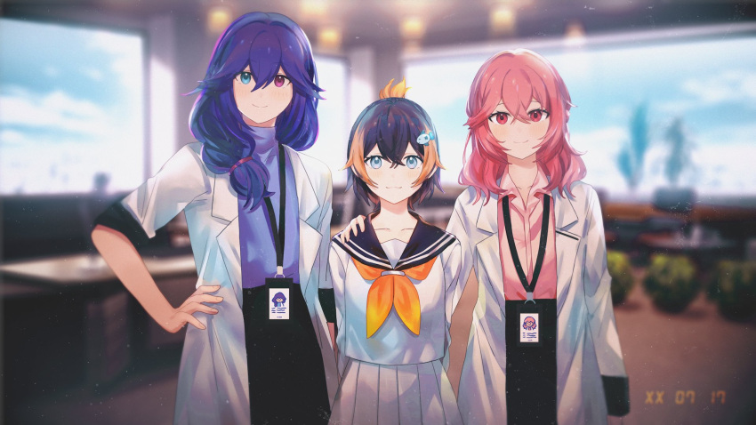 3girls black_sailor_collar black_skirt blue_eyes blurry blurry_background braid crown_braid fish_hair_ornament flower hair_between_eyes hair_flower hair_ornament hand_on_another's_shoulder hand_on_own_hip heterochromia highres humanization id_card looking_at_viewer medium_hair multicolored_hair multiple_girls neckerchief nijisanji nijisanji_en noa_(aeru_studio) obsydia_(nijisanji) orange_hair parted_lips petra_gurin pink_hair pink_shirt pleated_skirt purple_eyes purple_shirt purple_sweater red_flower red_rose rose rosemi_lovelock sailor_collar school_uniform second-party_source selen_tatsuki serafuku shirt short_hair skirt smile straight-on streaked_hair sweater sweater_tucked_in timestamp virtual_youtuber white_skirt yellow_neckerchief