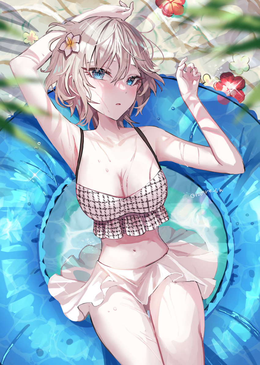 1girl absurdres anastasia_(idolmaster) armpits bare_shoulders bikini blue_eyes blush breasts checkered_bikini checkered_clothes cleavage collarbone curled_fingers expressionless floating floating_object flower frilled_bikini frilled_tankini frills hair_flower hair_ornament highres idolmaster idolmaster_cinderella_girls light_blush light_reflection_(water) looking_at_viewer lying medium_breasts navel on_back open_mouth rum_raisin_(chihiromakita19) shirt short_hair skirt solo swimsuit tankini water water_drop white_hair white_shirt