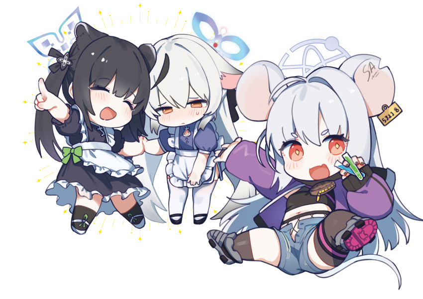 3girls :d ^_^ absurdres alternate_costume animal_ears apron black_dress black_footwear black_hair blue_archive blue_dress blue_halo blue_shorts blush brown_hair chibi closed_eyes closed_mouth dress enmaided full_body hair_ornament halo highres holding_hands hufy kokona_(blue_archive) long_hair looking_at_viewer maid mouse_ears mouse_girl mouse_tail multicolored_hair multiple_girls open_mouth orange_eyes pointing puffy_short_sleeves puffy_sleeves red_eyes saya_(blue_archive) short_sleeves shorts shun_(blue_archive) shun_(small)_(blue_archive) simple_background smile streaked_hair sweat tail thighhighs thighs two_side_up very_long_hair white_apron white_background white_footwear white_hair white_thighhighs