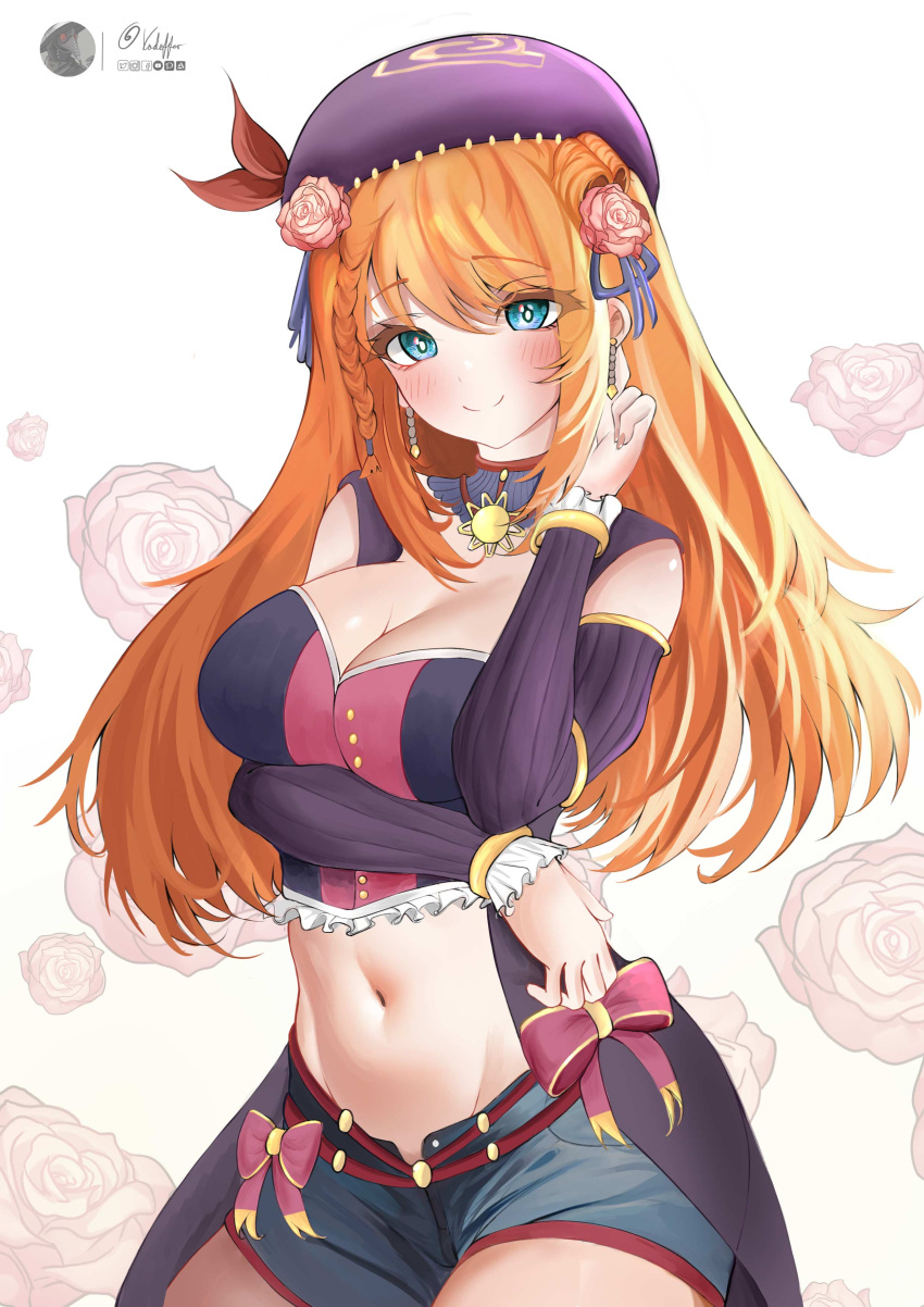 1girl absurdres arm_under_breasts blue_eyes blush breasts commission english_commentary hair_ornament highres large_breasts long_hair looking_at_viewer navel orange_hair original pixiv_commission purple_headwear shorts simple_background smile solo vodeferr