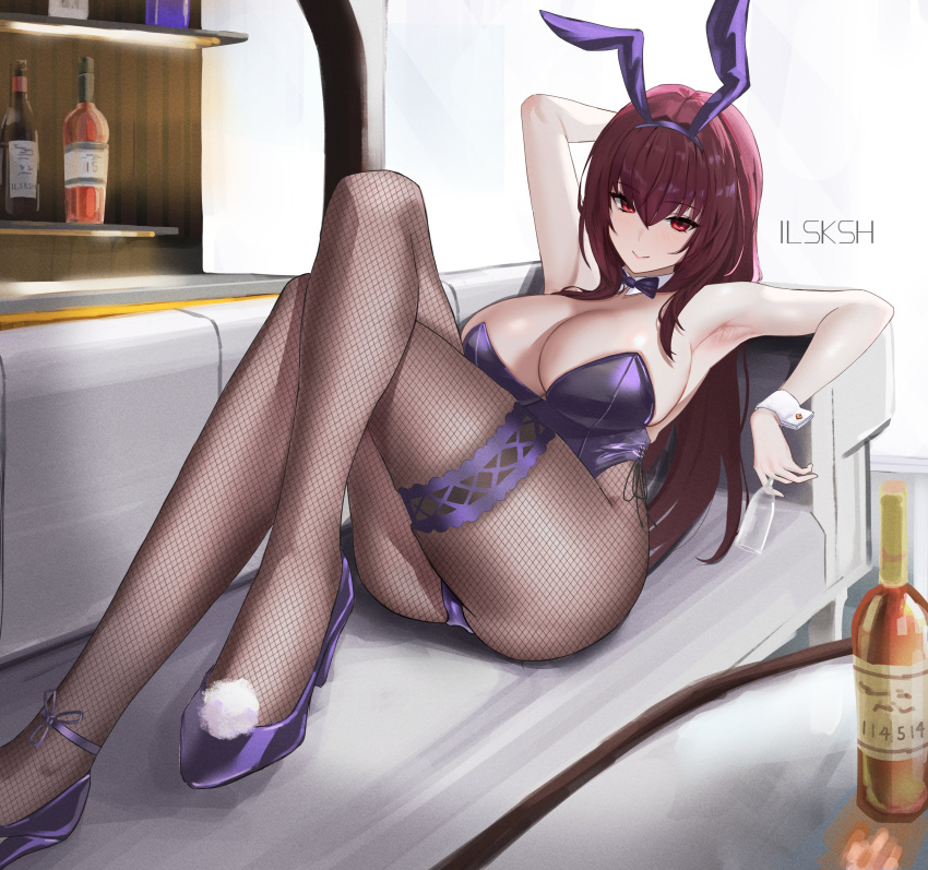 1girl absurdres animal_ears bar_(place) bottle bow bowtie breasts cleavage couch cup detached_collar drinking_glass fake_animal_ears fate/grand_order fate_(series) fishnet_pantyhose fishnets hairband highres indoors large_breasts leotard official_alternate_costume pantyhose playboy_bunny purple_bow purple_bowtie purple_hair purple_hairband purple_leotard rabbit_ears red_eyes scathach_(fate) scathach_(piercing_bunny)_(fate) side-tie_leotard smile solo strapless strapless_leotard user_vdkm2347 wine_bottle wine_glass wrist_cuffs