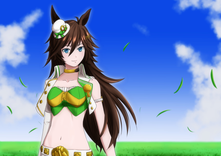 1girl absurdres animal_ears arm_strap ast-suzu bangs blue_eyes blue_sky bow breasts brown_hair choker cloud commentary_request crop_top day grass green_bow green_shirt hair_between_eyes hat hat_bow highres horse_ears jacket long_hair long_sleeves looking_at_viewer medium_breasts midriff mini_hat mini_top_hat mr._c.b._(umamusume) navel open_clothes open_jacket outdoors partial_commentary shirt single_sleeve sky smile solo stomach strapless strapless_shirt top_hat umamusume upper_body very_long_hair white_headwear white_jacket yellow_choker