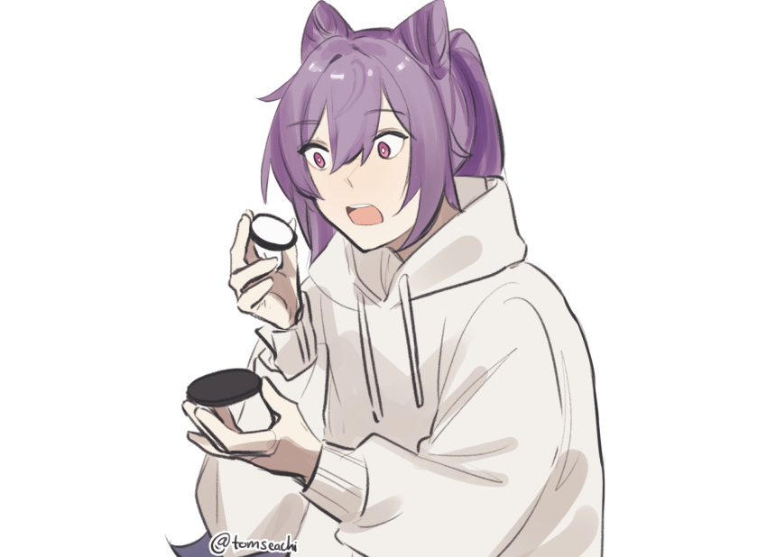 1girl commentary cone_hair_bun food genshin_impact hair_bun highres holding holding_food hood hoodie keqing_(genshin_impact) long_hair long_sleeves looking_at_food open_mouth oreo purple_eyes purple_hair sidelocks simple_background solo surprised tomseachi twitter_username white_background white_hoodie