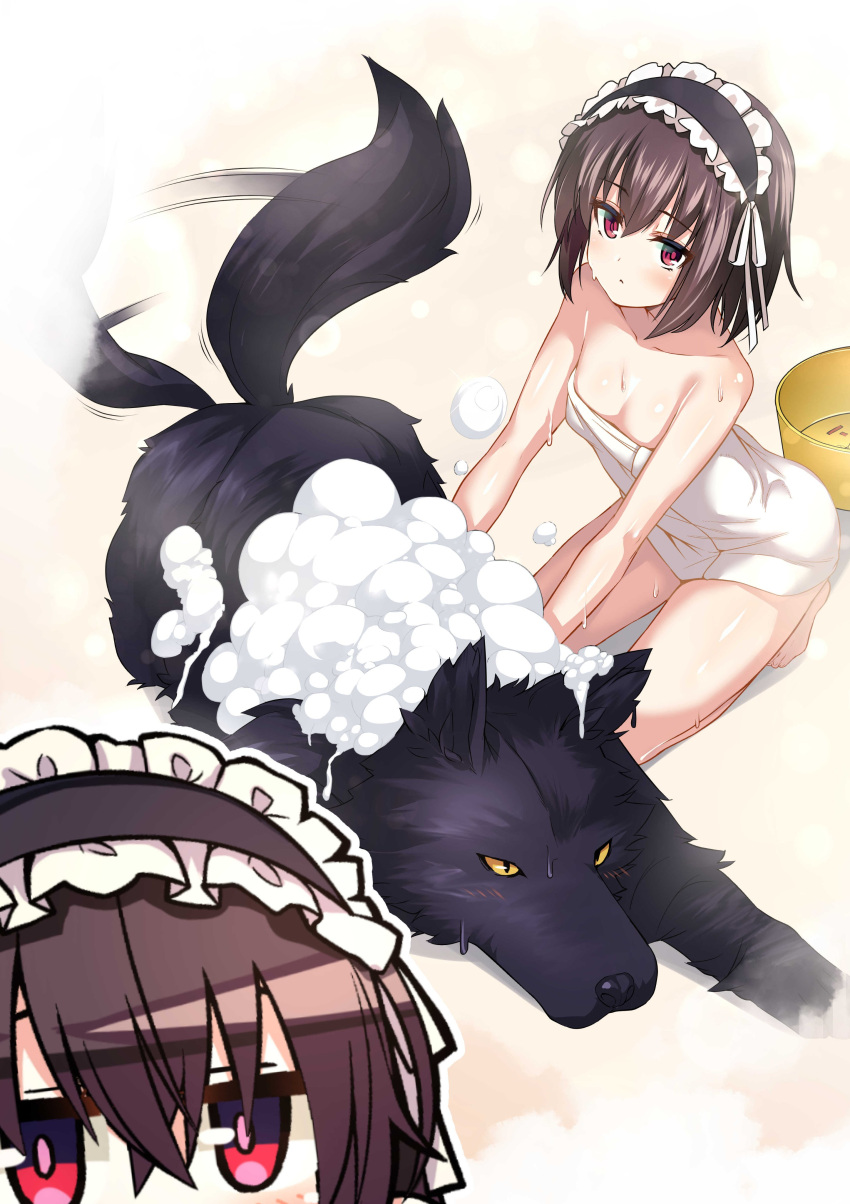 1girl absurdres animal bathing black_fur blackas_shadow_prince blush breasts brown_hair highres keigen_hichou kneeling maid_headdress naked_towel red_eyes seiken_gakuin_no_maken_tsukai shirley_(seiken_gakuin_no_maken_tsukai) short_hair small_breasts soap_bubbles tail tail_wagging towel wolf yellow_eyes