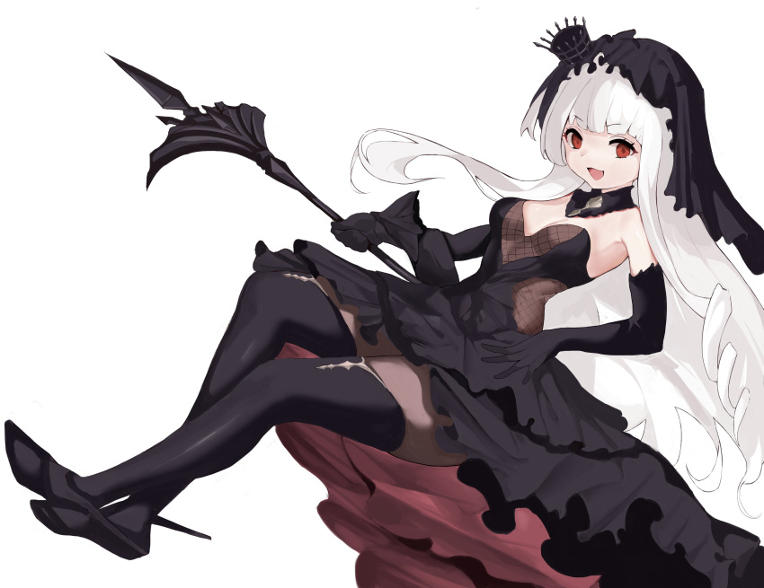 1girl absurdres azur_lane black_dress black_footwear black_gloves black_thighhighs blunt_bangs breasts dress elbow_gloves fishnets frills full_body gloves highres holding kesseil long_hair looking_at_viewer open_mouth queen_elizabeth_(azur_lane) queen_elizabeth_(meta)_(azur_lane) red_eyes simple_background small_breasts solo thighhighs veil white_background white_hair