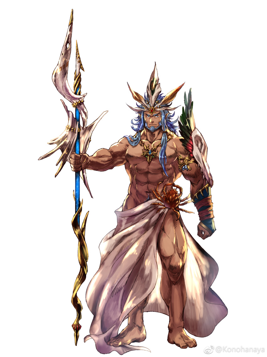 1boy abs absurdres animal_skull armlet bara barefoot beard blue_hair crown dark-skinned_male dark_skin facial_hair front_ponytail frown full_body gold_necklace hat_feather highres holding holding_staff huge_weapon jewelry konohanaya large_pectorals long_hair looking_at_viewer male_focus mature_male muscular muscular_male navel navel_hair necklace original pectorals planted sanpaku skull_pauldron solo staff stomach tachi-e thick_eyebrows tribal weapon