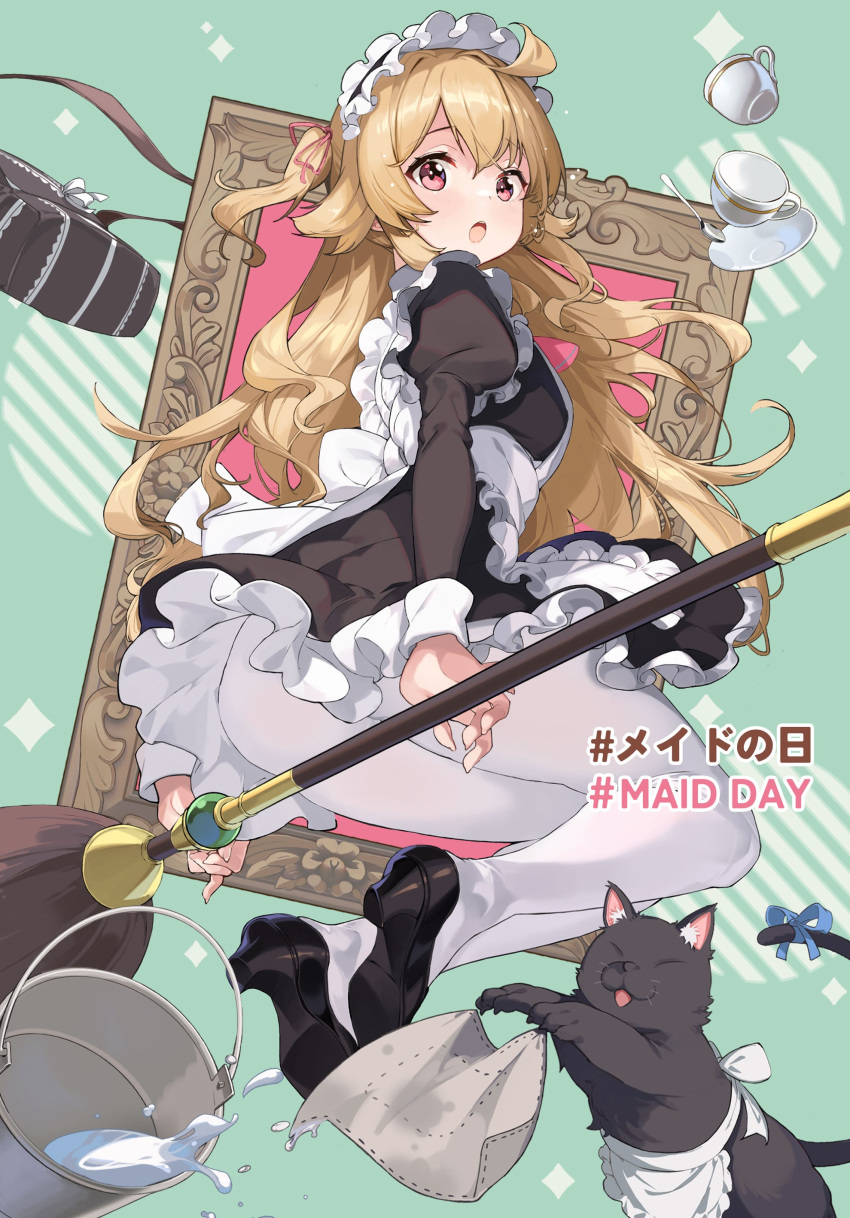 1girl :o absurdres alternate_costume apron arms_behind_back artist_request ass black_cat black_dress blonde_hair blue_ribbon blush broom broom_riding cat cup curly_hair dress enmaided frilled_apron frilled_dress frills from_behind from_side full_body hair_between_eyes high_heels highres legs legs_folded little_witch_nobeta long_hair looking_at_viewer looking_back maid maid_apron maid_day maid_headdress nobeta official_art pantyhose red_eyes red_ribbon ribbon solo spilling surprised tail tail_ornament tail_ribbon teacup teeth thighs upper_teeth_only upskirt very_long_hair waist_apron white_apron witch