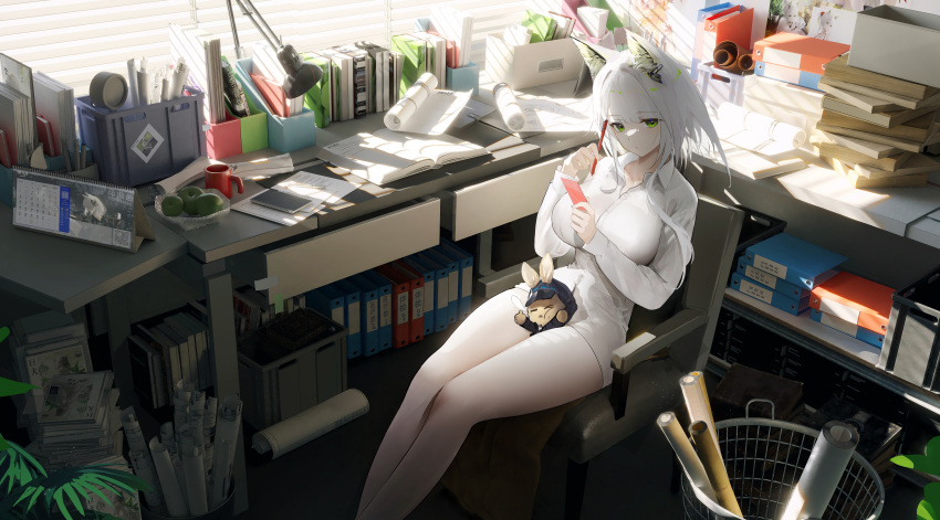 1girl :/ absurdres animal_ear_fluff animal_ears apple arknights bare_legs blinds book book_stack breasts buttons calendar_(object) cat_ears character_doll chinese_commentary closed_mouth collared_shirt commentary_request cup desk desk_lamp doctor_(arknights) feet_out_of_frame folder food fruit green_eyes highres holding holding_paper holding_pen kal'tsit_(arknights) lamp large_breasts long_sleeves looking_at_viewer medium_hair mug naked_shirt omone_hokoma_agm open_book paper pen qr_code shirt sidelighting sitting solo stuffed_animal stuffed_rabbit stuffed_toy thick_thighs thighs white_hair white_shirt