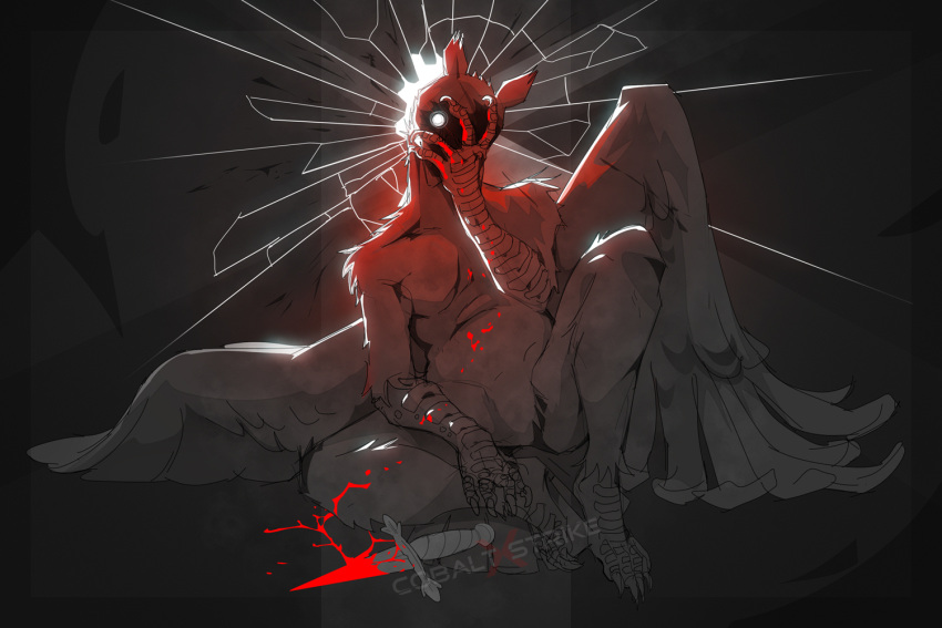 artist_name blood blood_on_body blood_on_hands blood_on_weapon cobalt_strike crack dagger dark_background glowing glowing_eyes hand_on_own_face knife sitting slay_the_princess solo talons the_hero_(slay_the_princess) watermark weapon wings