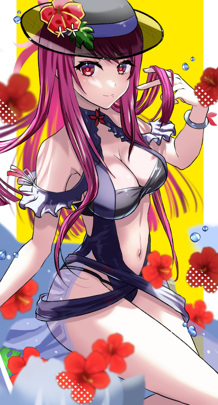 1girl absurdres bare_shoulders black_headwear black_one-piece_swimsuit breasts cleavage clothing_cutout dress dress_swimsuit fire_emblem fire_emblem_engage fire_emblem_heroes flower frills hat highres ivy_(fire_emblem) ivy_(summer)_(fire_emblem) large_breasts long_hair looking_at_viewer mole mole_under_mouth mu_tu_bu navel official_alternate_costume one-piece_swimsuit purple_eyes purple_hair see-through_headwear solo stomach stomach_cutout swimsuit