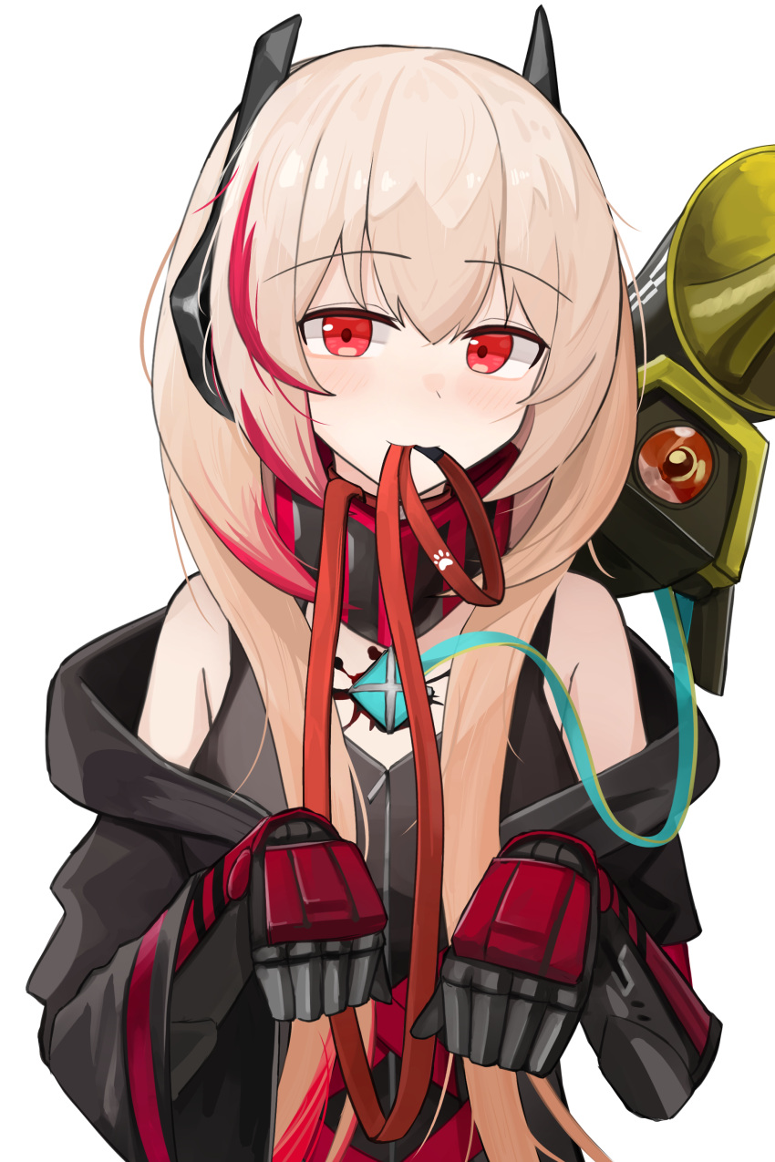 1girl absurdres bare_shoulders black_jacket closed_mouth commission dinergate_(girls'_frontline) gamryous girls'_frontline hair_between_eyes highres hood hood_down hooded_jacket jacket leash leash_in_mouth light_brown_hair looking_at_viewer m4_sopmod_ii_(girls'_frontline) m4_sopmod_ii_(mod3)_(girls'_frontline) mouth_hold multicolored_hair off_shoulder open_clothes open_jacket red_eyes red_hair simple_background streaked_hair upper_body white_background