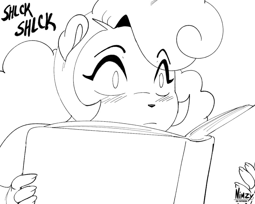 anthro blush blush_lines book clothed clothing cricetid english_text female hair hamster holding_book holding_object mammal monochrome nimzy noms_(nimzy) pupils rodent text