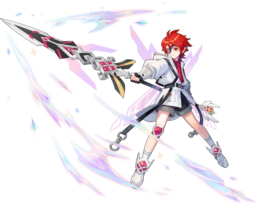 1boy absurdres black_shorts eyepatch fingerless_gloves gloves hero_(latale) highres hood hoodie latale necktie pointy_ears polearm red_eyes red_hair red_necktie red_shirt shirt shorts spear transparent_background weapon white_footwear white_hoodie wings