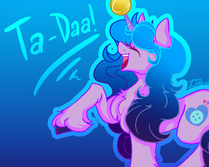 ball blue_hair blue_mane chest_tuft cutie_mark dankpegasista dialogue digital_media_(artwork) ear_tuft equid equine eyelashes female feral fetlocks fluffy fur hair hasbro hi_res hooves horn izzy_moonbow_(mlp) leg_tuft mammal mane mlp_g5 my_little_pony open_mouth open_smile purple_body purple_fur purple_hooves signature smile tennis_ball tuft unicorn