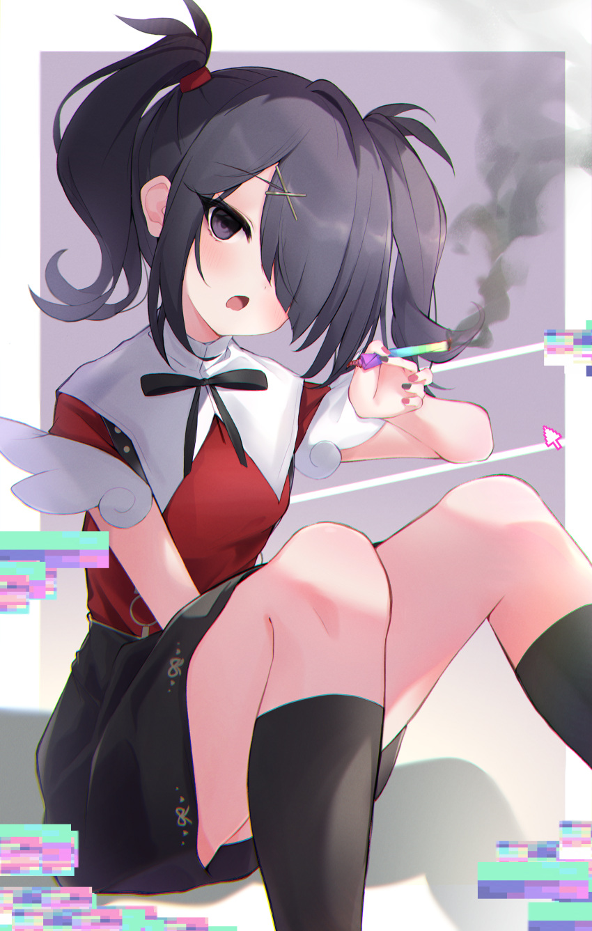 1girl absurdres ame-chan_(needy_girl_overdose) black_hair black_ribbon black_skirt black_socks blush collar collared_shirt commission drugs glitch hair_ornament hair_over_one_eye hair_tie highres holding jirai_kei looking_at_viewer mouse_pointer nasunegiuni neck_ribbon needy_girl_overdose open_mouth purple_eyes red_shirt ribbon shirt shirt_tucked_in sitting skeb_commission skirt smoke smoking socks solo suspender_skirt suspenders twintails white_collar x_hair_ornament