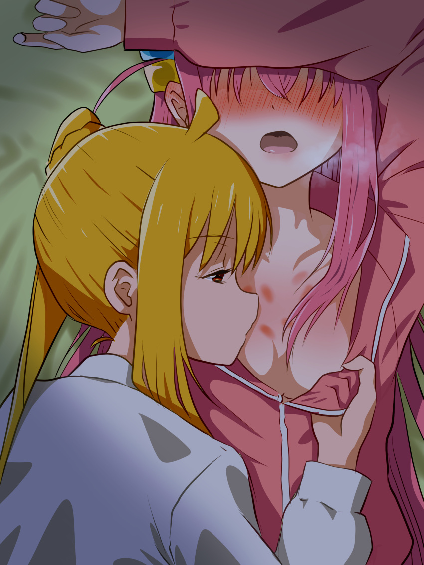 2girls absurdres bed_sheet blonde_hair bocchi_the_rock! breasts cube_hair_ornament gotou_hitori hair_ornament half-closed_eyes hand_up heavy_breathing hickey highres ijichi_nijika jaqwatdas kiss_day kissing_breast multiple_girls night on_bed open_mouth pajamas pink_hair shirt_grab sleepover upper_body yuri