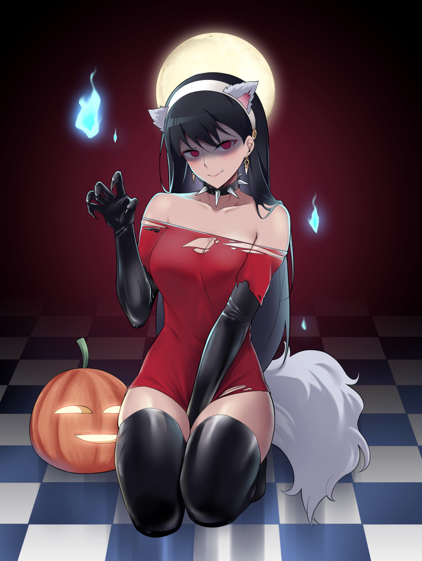 1girl absurdres animal_ear_fluff animal_ears bare_shoulders between_legs black_hair black_thighhighs blue_fire breasts cat_ears cat_tail checkered_floor closed_mouth collar collarbone dress earrings elbow_gloves fang fire full_body gloves gold_earrings hair_down hairband halloween_costume hand_between_legs highres jack-o'-lantern jewelry large_breasts long_hair looking_at_viewer lsf_(805661342) paw_pose pumpkin red_dress red_eyes short_dress solo spiked_collar spikes spy_x_family straight_hair tail thighhighs thighs torn_clothes torn_dress very_long_hair white_hairband yor_briar