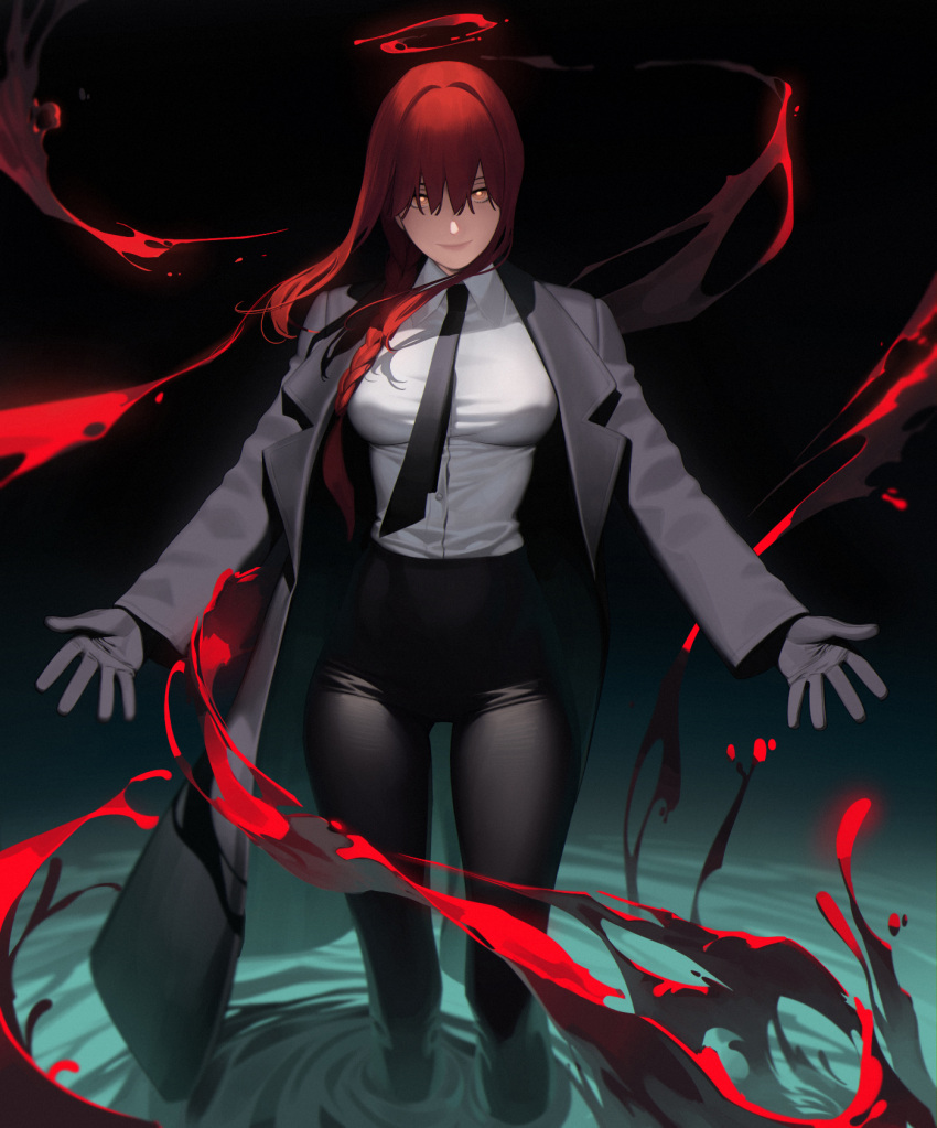 1girl abbystea aura black_coat black_gloves black_necktie black_pants blood breasts business_suit chainsaw_man coat collared_shirt formal gloves hair_down high-waist_pants highres large_breasts makima_(chainsaw_man) necktie office_lady open_clothes open_coat open_hands pants partially_submerged red_hair red_halo ringed_eyes shirt shirt_tucked_in solo suit tight tight_pants white_shirt yellow_eyes